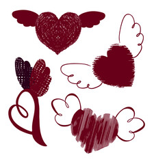 Collection of flying heart shapes. Textured heart and wing vectors.