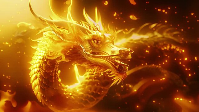 Animation of a traditional Chinese dragon, space for text in Chinese style for New Year greetings, Chinese New Year celebration. Golden serpent dragon on red and gold background bokeh lights 4k video