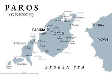 Paros, Greek island, gray political map. Island of Greece in the Aegean Sea, west of Naxos, and part of the Cyclades. With islands Antiparos, Despotiko and Stroggyli in the west. Illustration. Vector - obrazy, fototapety, plakaty