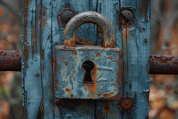 A close-up of a weathered metal padlock on a weathered wooden gate, symbolizing security and aging