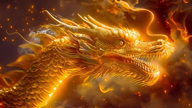 Animation of a traditional Chinese dragon, space for text in Chinese style for New Year greetings, Chinese New Year celebration. Golden serpent dragon on red and gold background bokeh lights 4k video