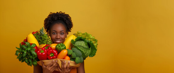 A woman is holding a bunch of vegetables, including broccoli and peppers. She is smiling and happy....