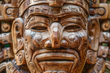 Fototapeta premium Wooden Mayan Mask Isolated, Carved Mexican Tribe Mask, Wooden Masks of Maya on White