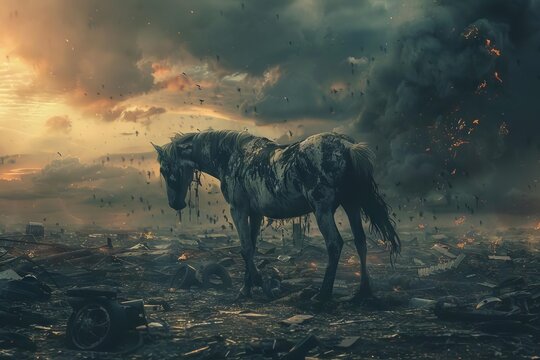 Apocalyptic scene with pale horse of death, Bible prophecy concept, digital illustration
