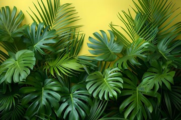 Fototapeta na wymiar Vibrant Green Ferns and Tropical Leaves on Yellow. Concept Greenery, Tropical, Nature, Vibrant, Yellow