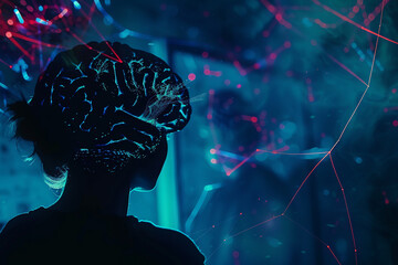 digital holographic robot brain on hightech background, futuristic style, holographic data visualisation