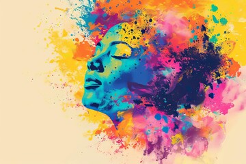 Colorful illustration of a happy female head in paint splatter style, representing mental health, self-care, and mindfulness
