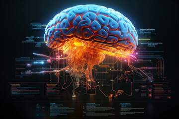 digital holographic robot brain on hightech blue and black background, infographic style, holographic data visualisation