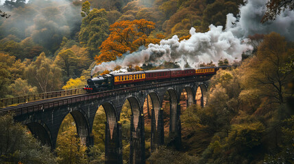 Steam train on bridge - obrazy, fototapety, plakaty
