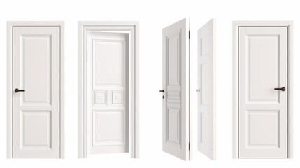 A white wooden door with handle and frame for the entrance or inside an apartment, house, or office. An open, closed, and ajar position is shown in the modern realistic set isolated on white.