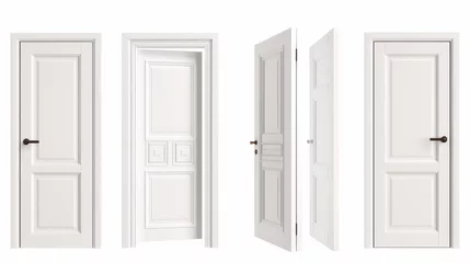 Foto op Aluminium A white wooden door with handle and frame for the entrance or inside an apartment, house, or office. An open, closed, and ajar position is shown in the modern realistic set isolated on white. © Mark