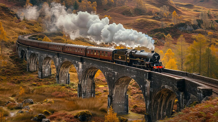 Steam train on bridge - obrazy, fototapety, plakaty