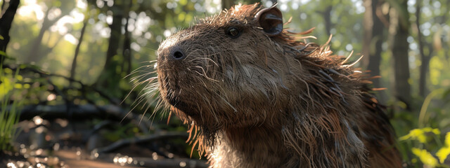 Close-up of a capybara with mystical eyes enchanted forest backdrop