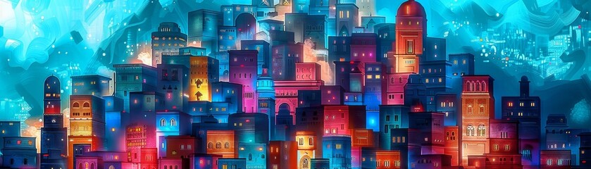 Mosaic Metropolis at Twilight background, A sprawling, futuristic cityscape comes alive with a kaleidoscope of colorful buildings and glowing windows, reminiscent of a vibrant mosaic