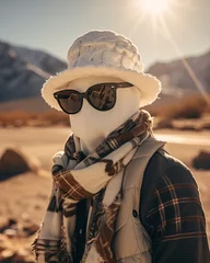 Fotobehang Snowman wearing sunglasses in the hot desert. Ai generative © ArtmediaworX