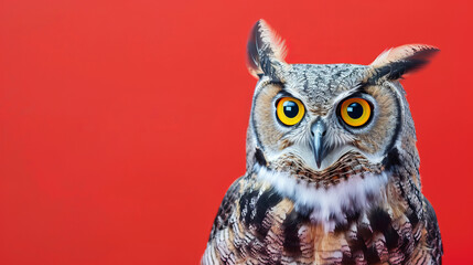 Fototapeta premium Studio portrait of surprised owl, isolated on red background with copy space