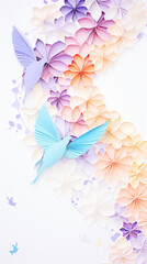 Close-up of a bird hopping around a circle of origami flowers intrigued by the paper petals