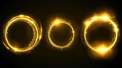 Set of yellow portal circles isolated on black background. Abstract circle of light glowing, shimmering in darkness. Fantastic Christmas miracle illustration.