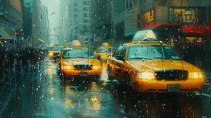 Taxis on raining street scene seen through a wet window with droplets
