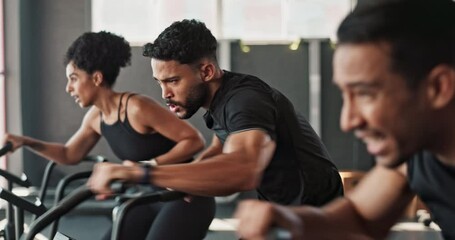 People, workout and gym together with endurance for stamina, training and exercise to build muscle on arms or legs. Friends, crosstrainer or cycling bike for cardiovascular strength and determination