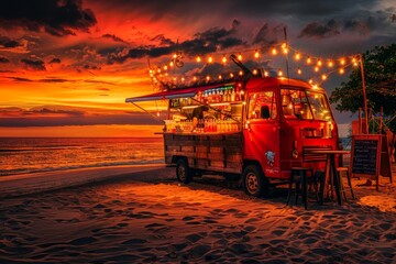Fototapeta premium Open Festive Food Truck on Beach, Beach Party Night bar with Light Bulbs on Sunset Background