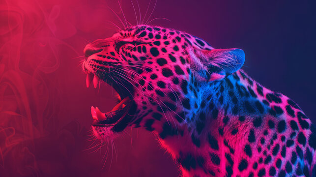 Fierce leopard under colorful pink and blue neon light background, studio shot