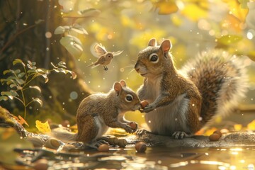 mother and child squirrel gathering acorns in a sun-dappled forest, with animated birds chirping in the trees and the gentle babble of a nearby stream - obrazy, fototapety, plakaty