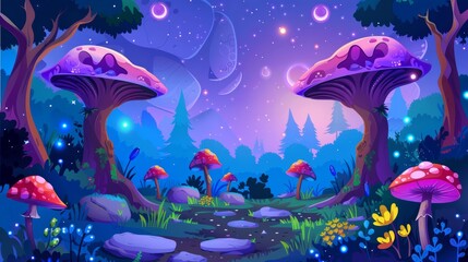 Fototapeta na wymiar Nighttime glade in a magical forest. Fantastic woods landscape with trees, mushrooms, flowers and grass in mystic purple light, path and stones. Modern cartoon illustration.