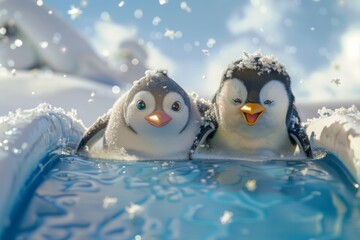 Obraz premium mother and child penguin sliding together on an ice slide, with animated snowflakes falling gently from the sky and cheerful music playing