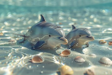mother and child dolphin swimming together in a crystal-clear ocean, with animated waves gently rolling and seashells scattered along the sandy seabed