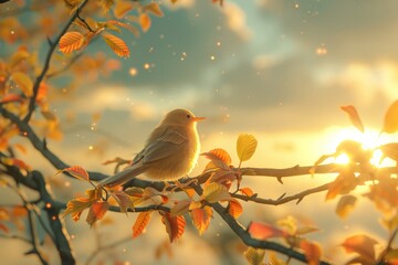 mother bird feeding her baby bird, perched on a tree branch against a backdrop of a sunny sky and fluffy clouds - obrazy, fototapety, plakaty