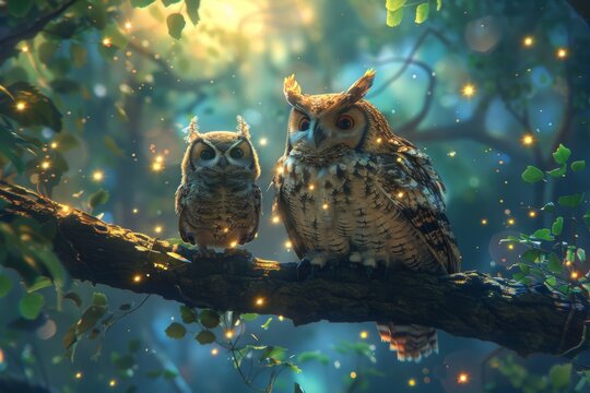 mother and baby owl perched on a tree branch, with animated stars twinkling in the night sky and the soft hoot of owls echoing through the woods