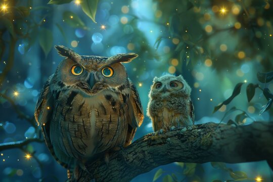 mother and baby owl perched on a tree branch, with animated stars twinkling in the night sky and the soft hoot of owls echoing through the woods