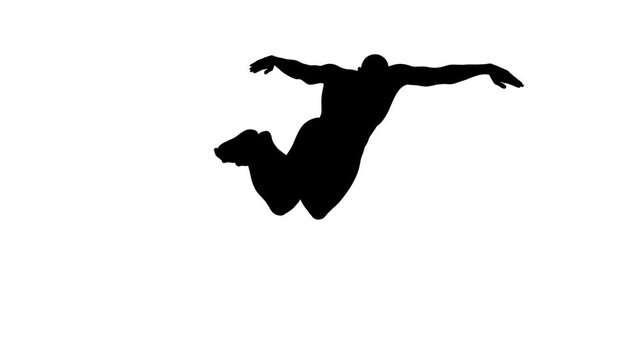 3D Render :  a silhouette male character perform butterfly style swimming  with white background, 45 degrees back view
