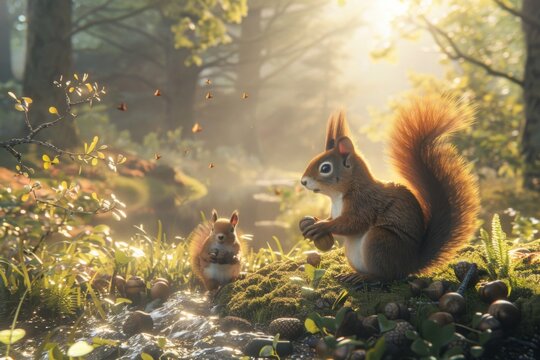 mother and child squirrel gathering acorns in a sun-dappled forest, with animated birds chirping in the trees and the gentle babble of a nearby stream