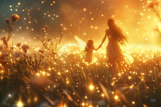 a mother and child fairy flying among shimmering stars and magical flowers, with animated pixie dust trailing behind them