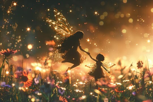 a mother and child fairy flying among shimmering stars and magical flowers, with animated pixie dust trailing behind them