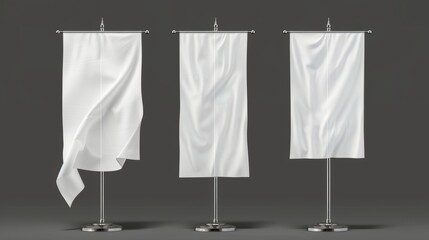Blank fabric banners triangle, rectangle, and corner shapes on steel stand isolated on transparent background, modern realistic set with white flags and pennants.