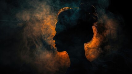 Woman silhouetted against smoke cloud - obrazy, fototapety, plakaty