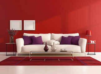 Red and white living room interior design with a sofa, glass coffee table, wall frames, red pillows and vases on a beige rug floor