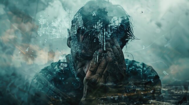 A man sits covering his face with his hands. Double exposure. Man and crosses. Theme of war, death, loss.
