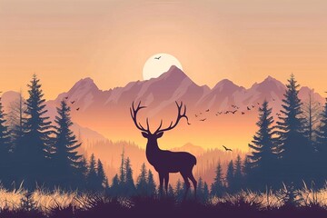 Majestic deer silhouette in forest mountains landscape, camping adventure scenery, vector illustration