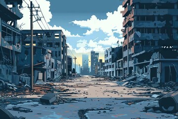 Post-apocalyptic ruined city, destroyed buildings and roads illustration - obrazy, fototapety, plakaty