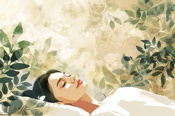 Serene and tranquil day spa setting with a woman receiving a rejuvenating facial treatment, digital illustration