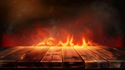 Flames from an oven burning on an edge of wooden table. Modern realistic illustration of natural wood plank surface with a red and orange flame and sparks in the air. Restaurant BBQ menu background.