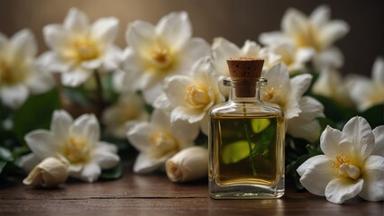 Obraz na płótnie Canvas gardenia flower background with aroma therapy massage essential oil bottle from Generative AI
