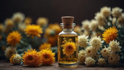 helichrysum flower background with aroma therapy massage essential oil bottle from Generative AI
