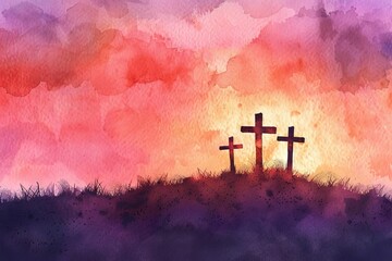 Silhouette of three crosses on a hill at sunrise, religious Christian symbol, digital watercolor painting - obrazy, fototapety, plakaty
