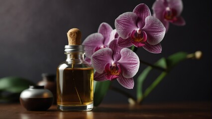 Obraz na płótnie Canvas orchid flower background with aroma therapy massage essential oil bottle from Generative AI