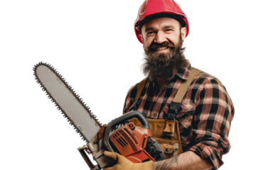 The woodcutter has a saw in his hand. Wear a sexy outfit
isolated on white background